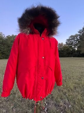 Men's London Fog TOWNE Red Medium Waterproof 5-in-1 Parka with Coyote Fur Ruff